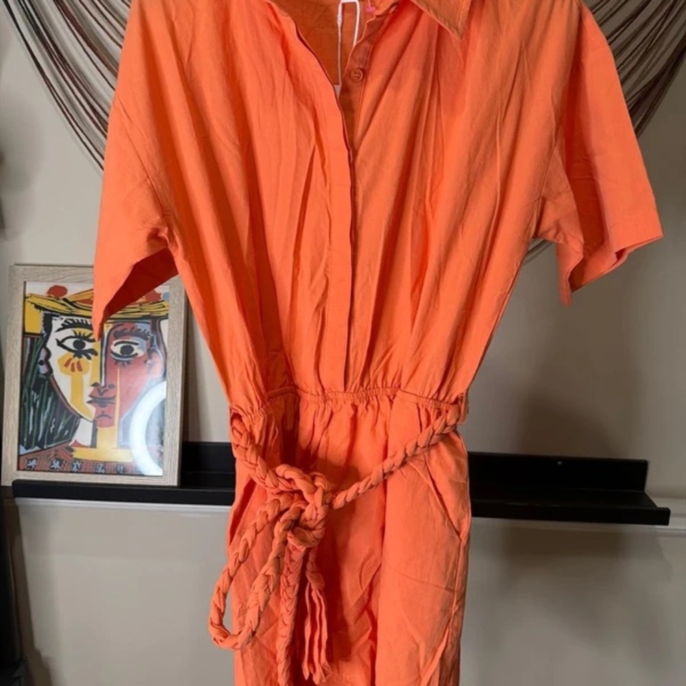 Men's Casual Short-Sleeve Button-Down Shirt in Orange with Braided Waist Tie